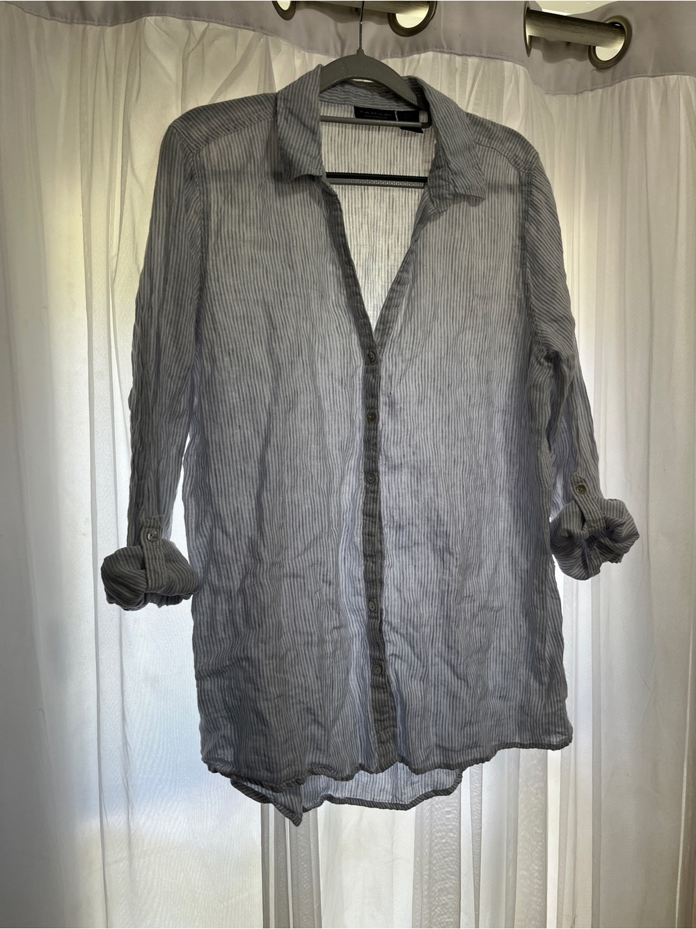 Tahari White Light Blue Striped 100% Linen Shirt natural roll sleeve size large